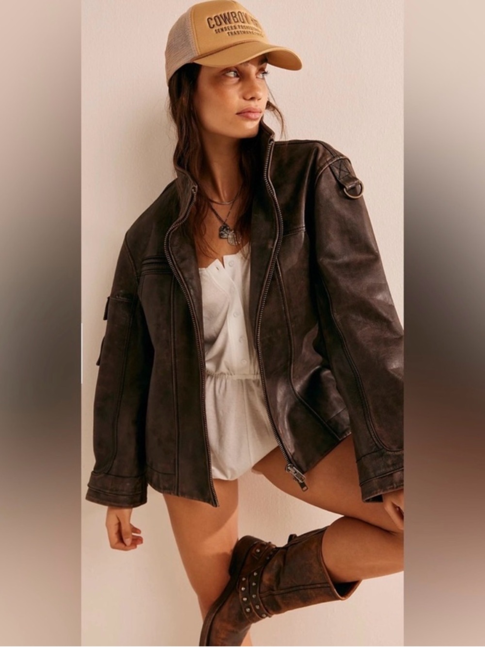 FreePeople Skyline Leather Jacket L NWOT We The Free Oversized Genuine Leather